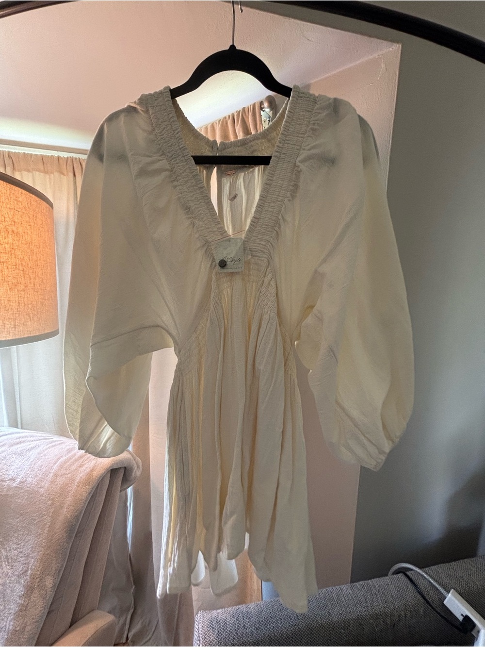 Women's Cream Smocked V-Neck Peasant dress